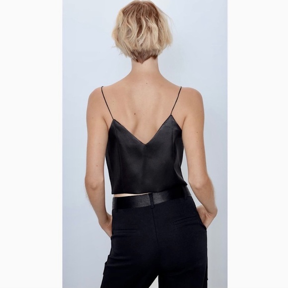 NWT ZARA black satin spaghetti strap top large - Picture 2 of 5